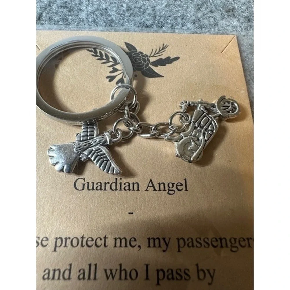 Guardian Angel Motorcycle Keychain Silver Eagle Biker Prayer Safety Charm New